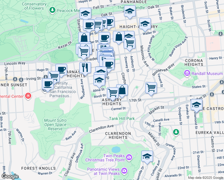map of restaurants, bars, coffee shops, grocery stores, and more near 101 Rivoli Street in San Francisco