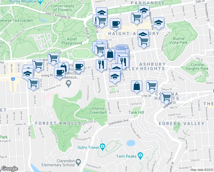 map of restaurants, bars, coffee shops, grocery stores, and more near in San Francisco
