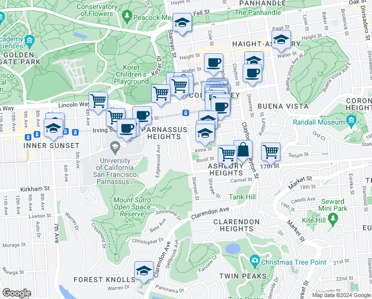 map of restaurants, bars, coffee shops, grocery stores, and more near in San Francisco