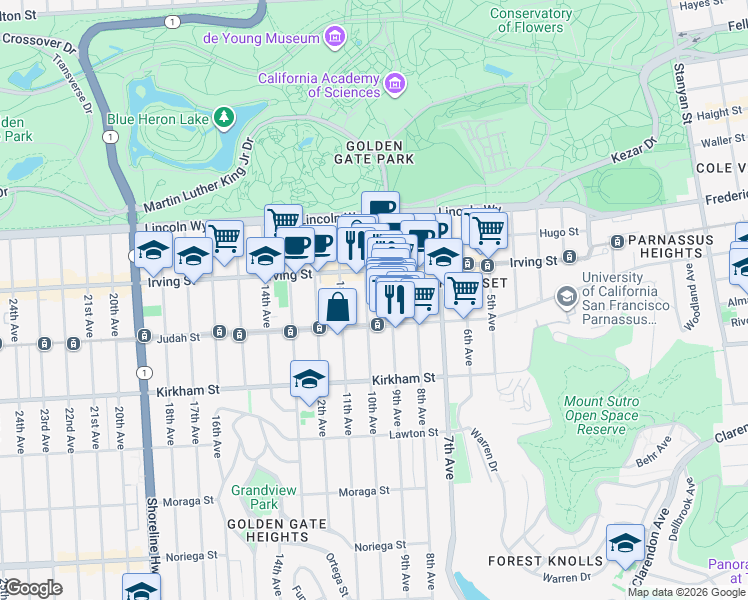 map of restaurants, bars, coffee shops, grocery stores, and more near 1379 10th Avenue in San Francisco