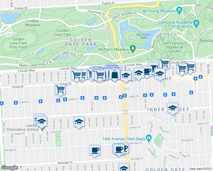 map of restaurants, bars, coffee shops, grocery stores, and more near 1351 21st Avenue in San Francisco