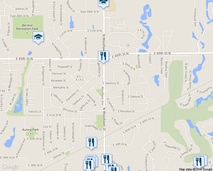 map of restaurants, bars, coffee shops, grocery stores, and more near 4300 North Woodlawn Court in Bel Aire