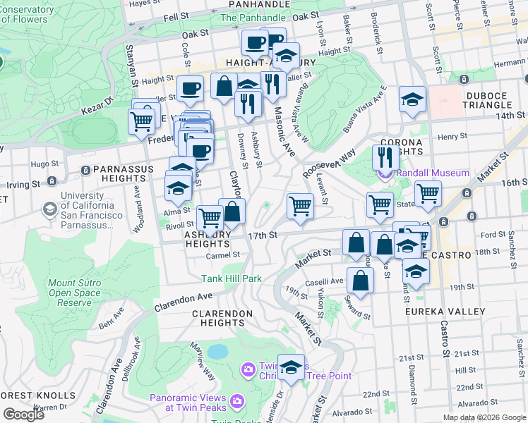 map of restaurants, bars, coffee shops, grocery stores, and more near 400 Upper Terrace in San Francisco