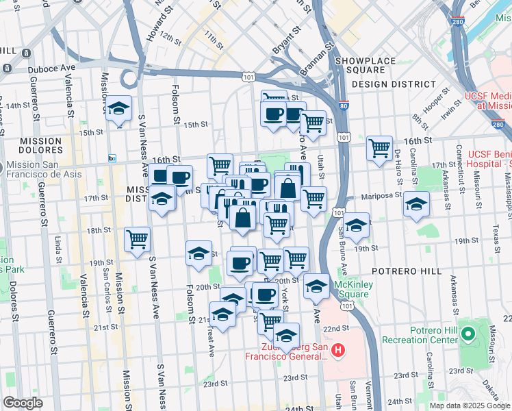map of restaurants, bars, coffee shops, grocery stores, and more near 2727 Mariposa Street in San Francisco