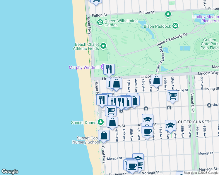 map of restaurants, bars, coffee shops, grocery stores, and more near 1254 48th Avenue in San Francisco