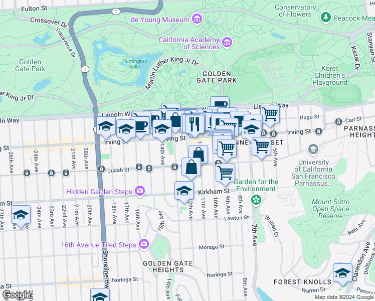 map of restaurants, bars, coffee shops, grocery stores, and more near 1343 12th Avenue in San Francisco