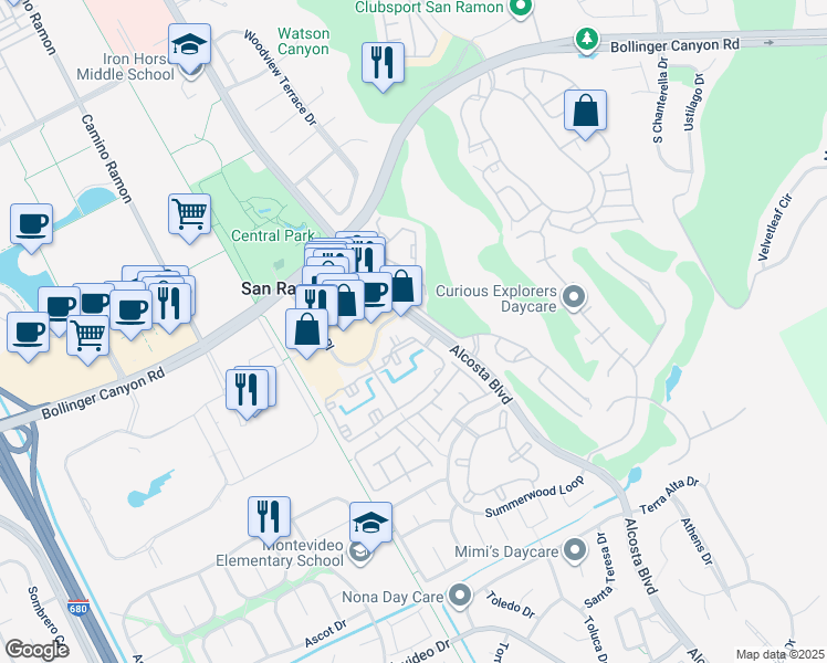 map of restaurants, bars, coffee shops, grocery stores, and more near 150 Reflections Drive in San Ramon