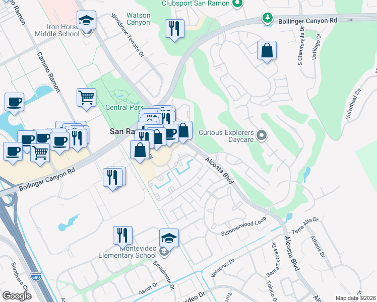 map of restaurants, bars, coffee shops, grocery stores, and more near 135 Reflections Drive in San Ramon