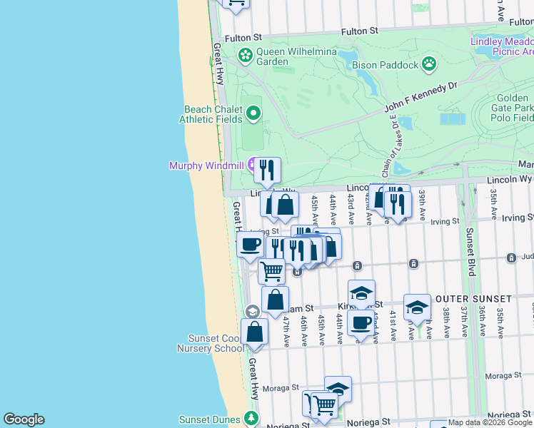 map of restaurants, bars, coffee shops, grocery stores, and more near 1254 48th Avenue in San Francisco