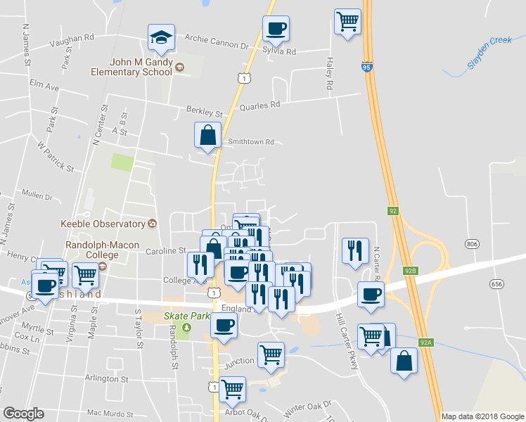 map of restaurants, bars, coffee shops, grocery stores, and more near 100 East Omni Terrace in Ashland