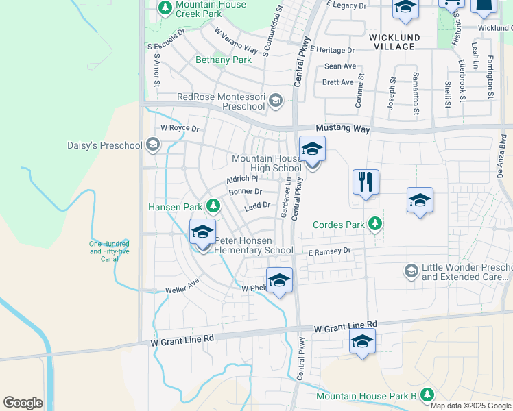 map of restaurants, bars, coffee shops, grocery stores, and more near Ladd Drive in Tracy
