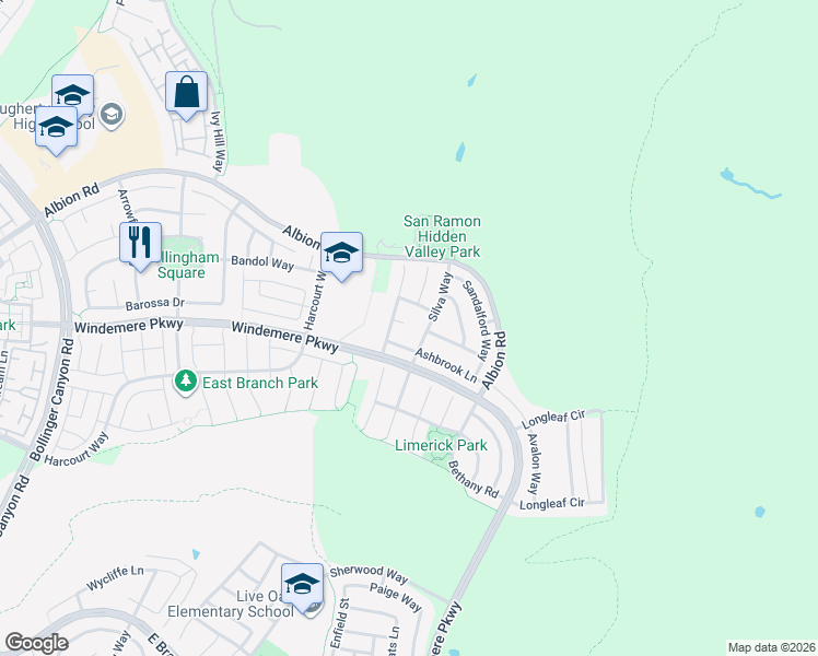 map of restaurants, bars, coffee shops, grocery stores, and more near 3375 Middlebrooke Way in San Ramon