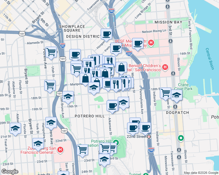 map of restaurants, bars, coffee shops, grocery stores, and more near in San Francisco