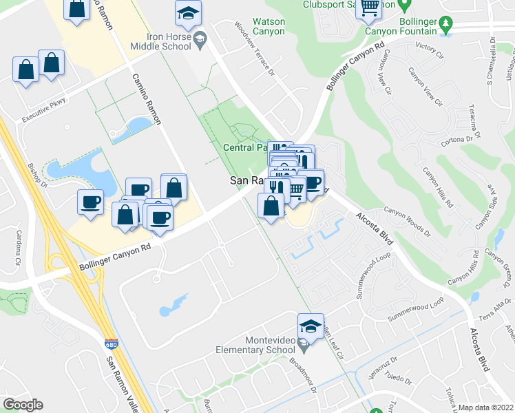 map of restaurants, bars, coffee shops, grocery stores, and more near 1071 Market Place in San Ramon