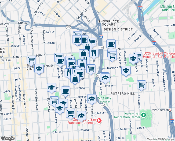 map of restaurants, bars, coffee shops, grocery stores, and more near 500 Potrero Avenue in San Francisco