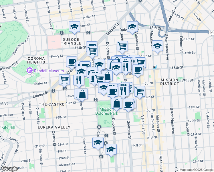 map of restaurants, bars, coffee shops, grocery stores, and more near 3641a 17th Street in San Francisco