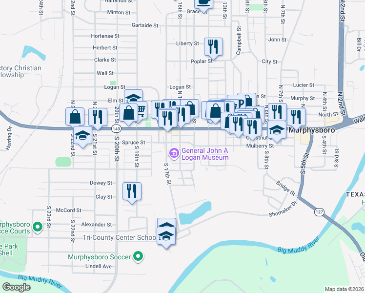 map of restaurants, bars, coffee shops, grocery stores, and more near 1518 Edith Street in Murphysboro