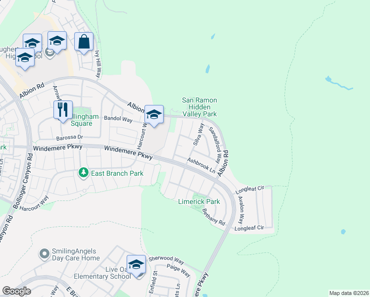 map of restaurants, bars, coffee shops, grocery stores, and more near 118 Mintaro Court in San Ramon