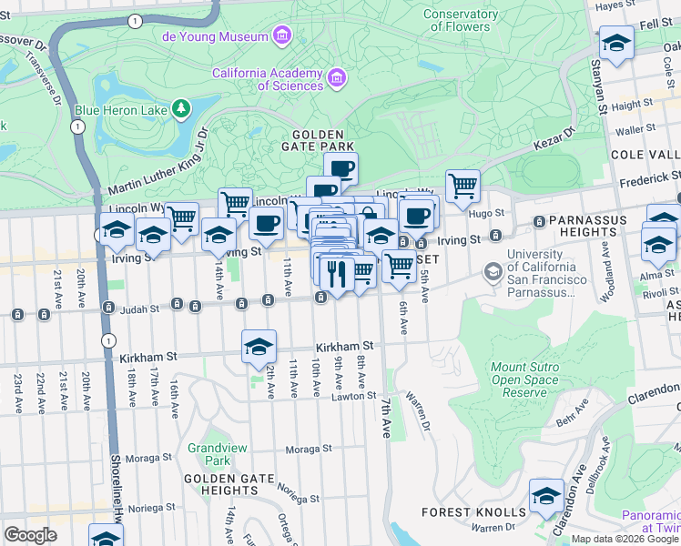map of restaurants, bars, coffee shops, grocery stores, and more near 1382 9th Avenue in San Francisco