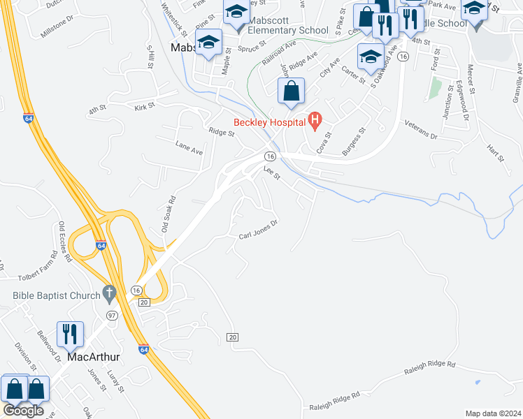map of restaurants, bars, coffee shops, grocery stores, and more near 203 Old Pemberton Road in Beckley