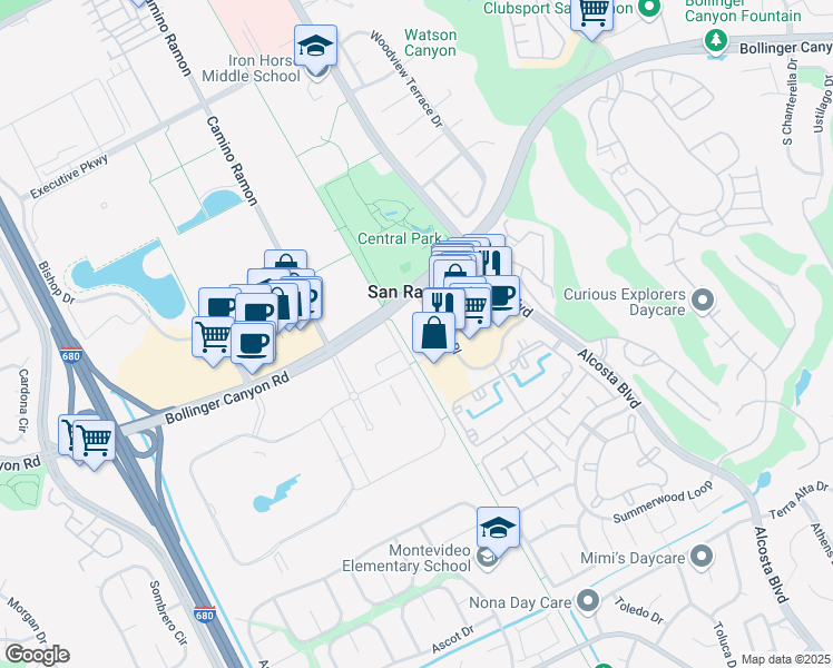 map of restaurants, bars, coffee shops, grocery stores, and more near 1071 Market Place in San Ramon