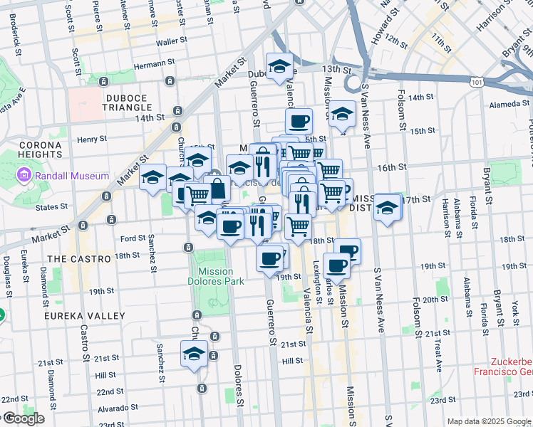 map of restaurants, bars, coffee shops, grocery stores, and more near 3489 17th Street in San Francisco