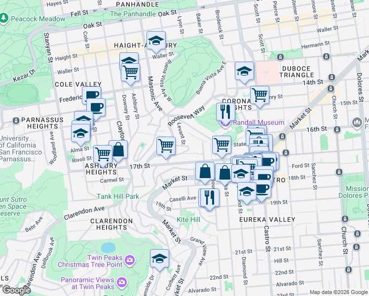 map of restaurants, bars, coffee shops, grocery stores, and more near 53 Saturn Street in San Francisco