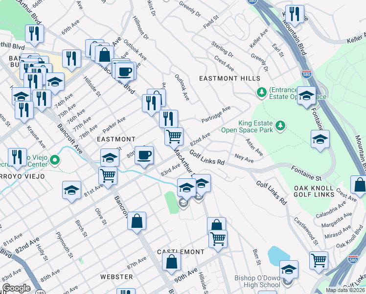map of restaurants, bars, coffee shops, grocery stores, and more near in Oakland
