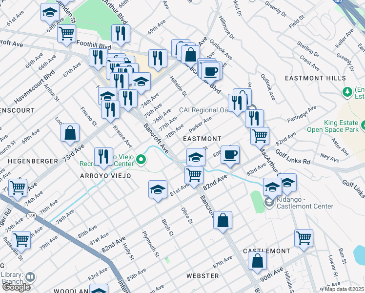 map of restaurants, bars, coffee shops, grocery stores, and more near 2522 79th Avenue in Oakland