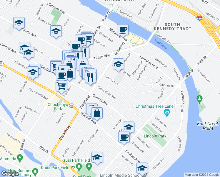 map of restaurants, bars, coffee shops, grocery stores, and more near 2710 Santa Clara Avenue in Alameda