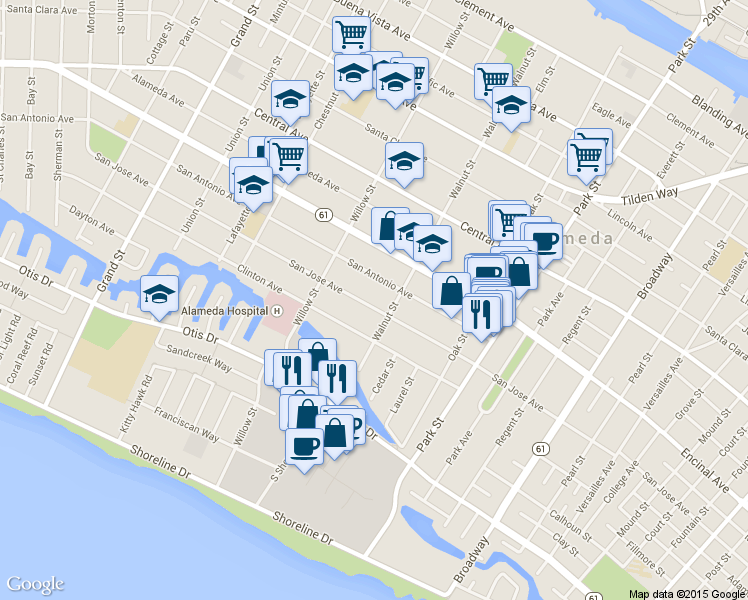 map of restaurants, bars, coffee shops, grocery stores, and more near 2164 San Jose Avenue in Alameda