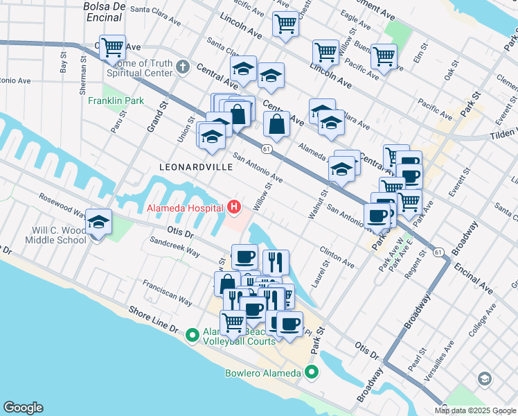 map of restaurants, bars, coffee shops, grocery stores, and more near 888 Willow Street in Alameda