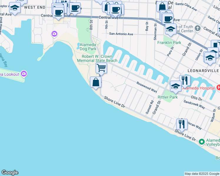map of restaurants, bars, coffee shops, grocery stores, and more near 960 Shorepoint Court in Alameda