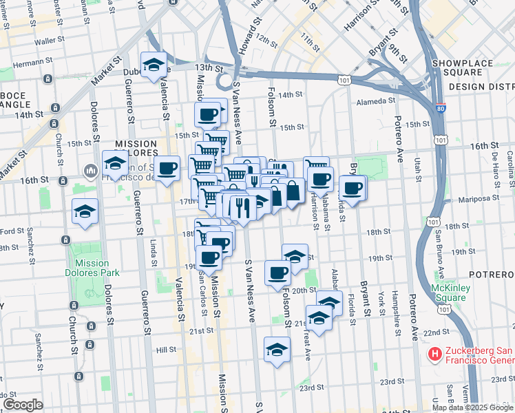 map of restaurants, bars, coffee shops, grocery stores, and more near in San Francisco