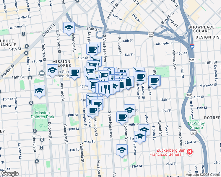 map of restaurants, bars, coffee shops, grocery stores, and more near in San Francisco
