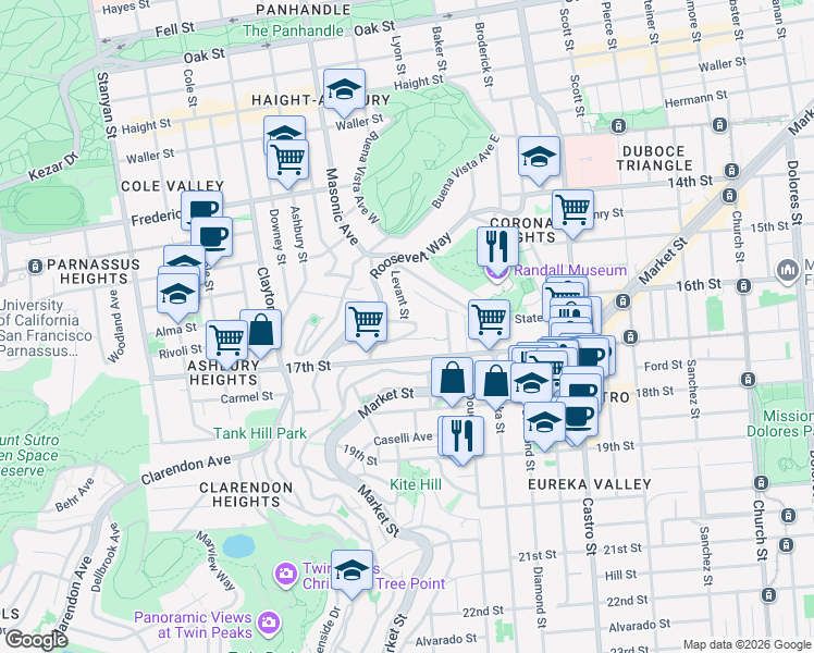 map of restaurants, bars, coffee shops, grocery stores, and more near 53 Saturn Street in San Francisco