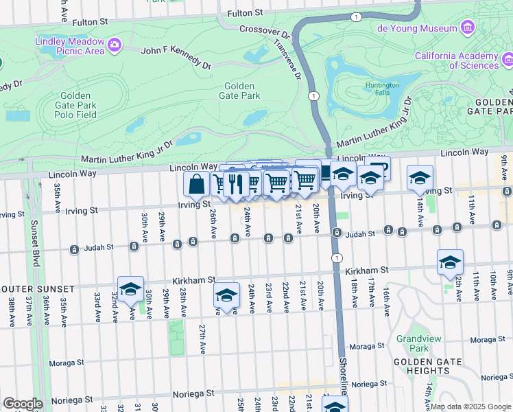 map of restaurants, bars, coffee shops, grocery stores, and more near 1351 24th Avenue in San Francisco