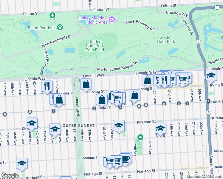 map of restaurants, bars, coffee shops, grocery stores, and more near 1319 32nd Avenue in San Francisco