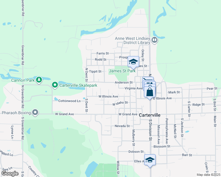 map of restaurants, bars, coffee shops, grocery stores, and more near 101-111 Chutt St in Carterville