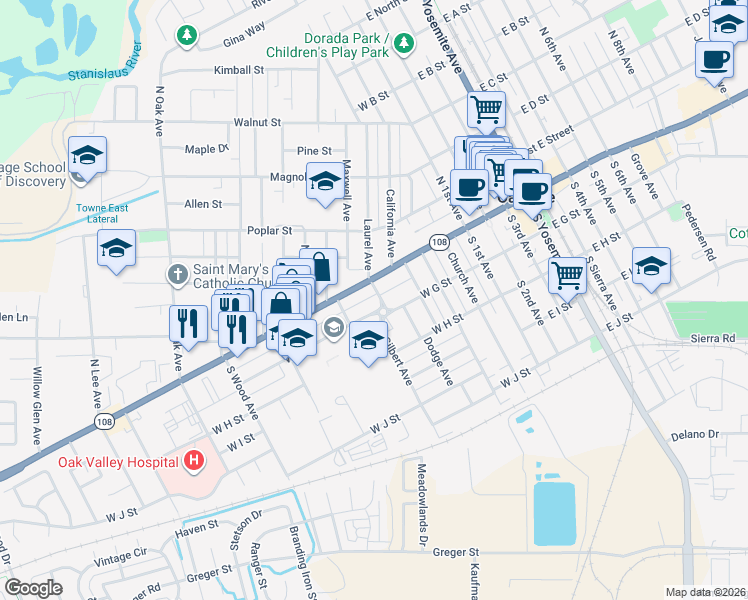 map of restaurants, bars, coffee shops, grocery stores, and more near 739 West G Street in Oakdale