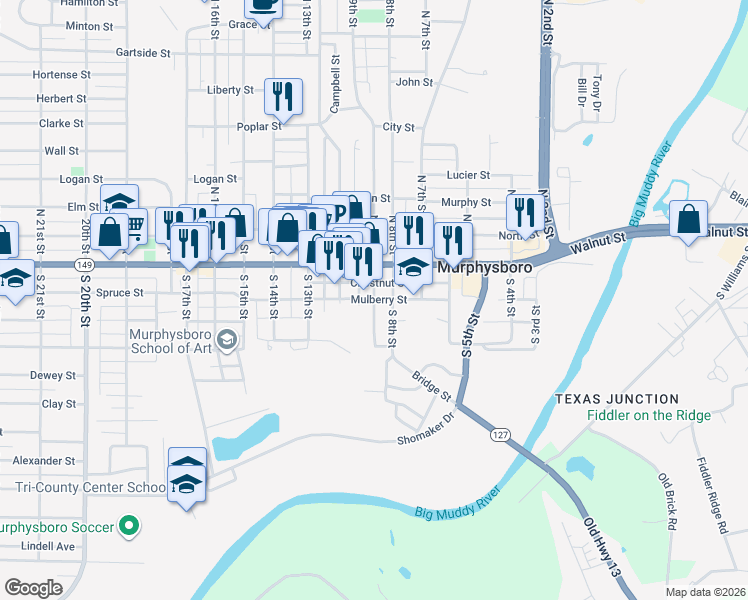map of restaurants, bars, coffee shops, grocery stores, and more near 201 South 9th Street in Murphysboro