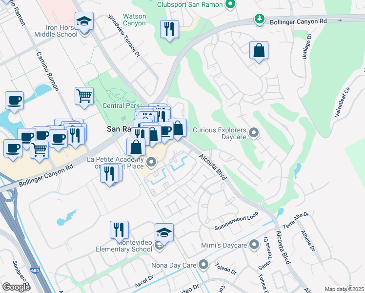 map of restaurants, bars, coffee shops, grocery stores, and more near 150 Reflections Drive in San Ramon