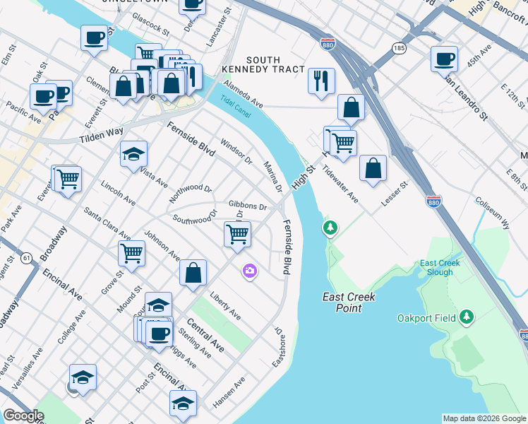 map of restaurants, bars, coffee shops, grocery stores, and more near 3122 Bayo Vista Avenue in Alameda