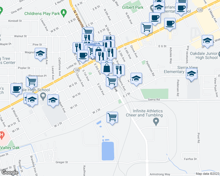 map of restaurants, bars, coffee shops, grocery stores, and more near 334 East I Street in Oakdale