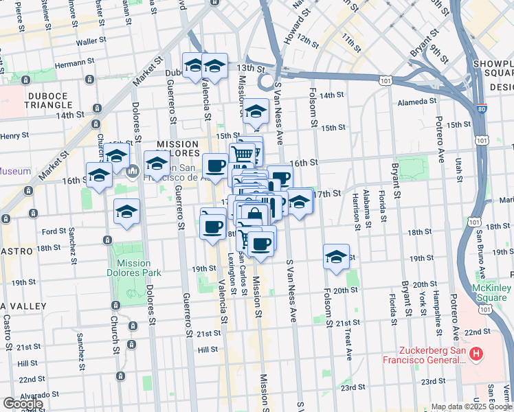 map of restaurants, bars, coffee shops, grocery stores, and more near 238 Capp Street in San Francisco