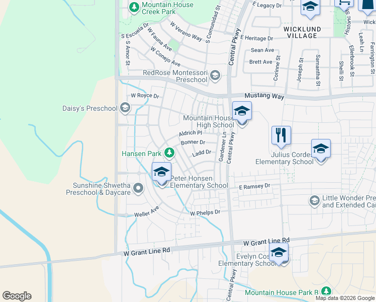 map of restaurants, bars, coffee shops, grocery stores, and more near 1178 Olson Avenue in Tracy
