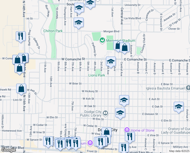 map of restaurants, bars, coffee shops, grocery stores, and more near 4th Avenue in Dodge City