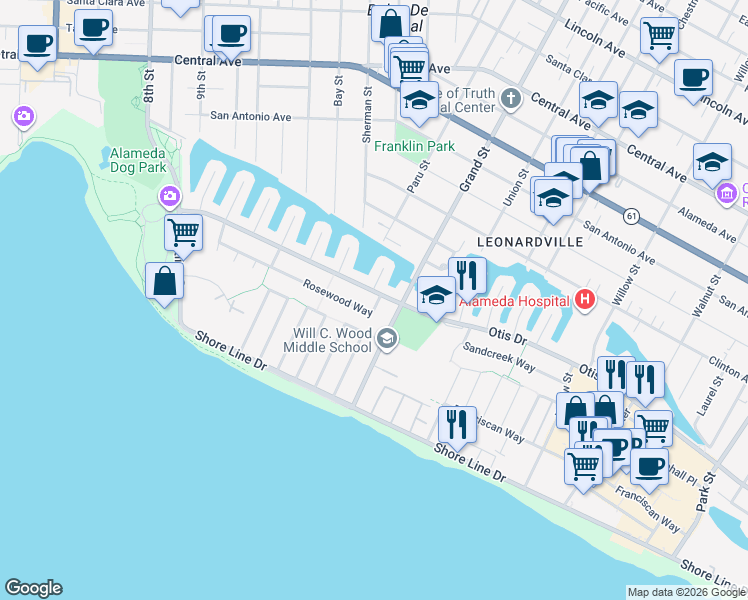 map of restaurants, bars, coffee shops, grocery stores, and more near 1246 Otis Drive in Alameda