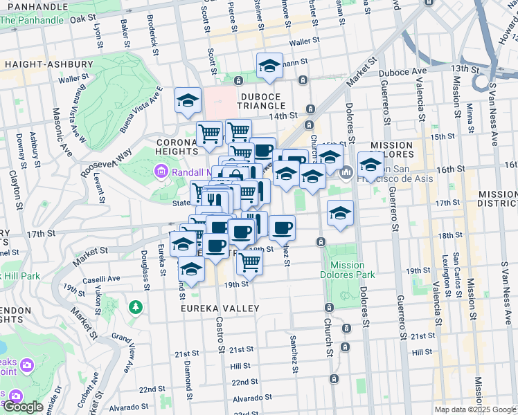 map of restaurants, bars, coffee shops, grocery stores, and more near 72 Pond Street in San Francisco