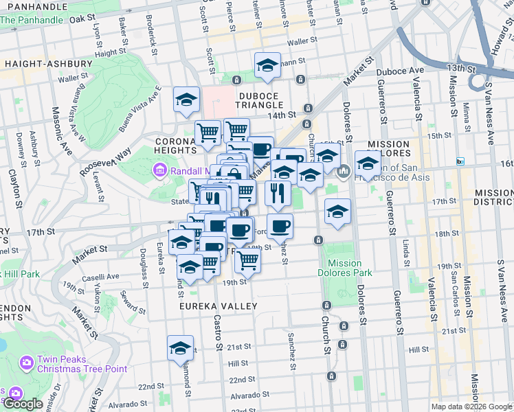 map of restaurants, bars, coffee shops, grocery stores, and more near 72 Pond Street in San Francisco